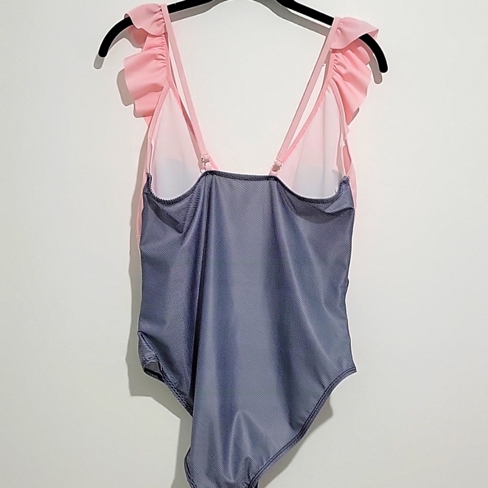 WOMEN'S ONE PIECE RUFFLED STRIPED SWIMSUIT DEEP V NECK - Picture 2 of 7